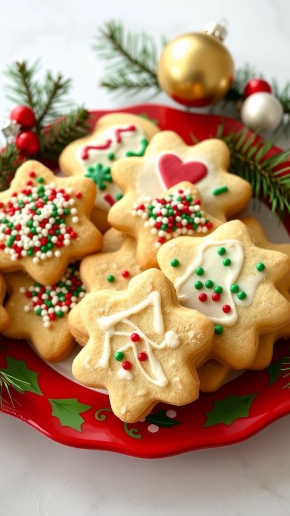 A plate of decorated old-fashioned Christmas cookies with sprinkles, set against a festive holiday backdrop.